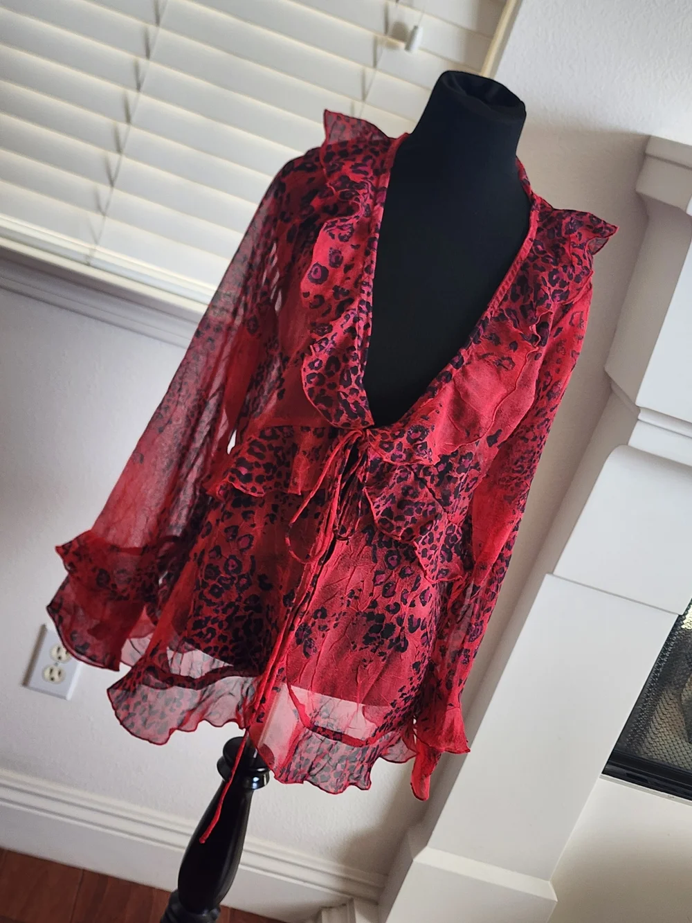 George Simonton Red Sheer Ruffle Tie-Front Blouse - Picture 1 of 4